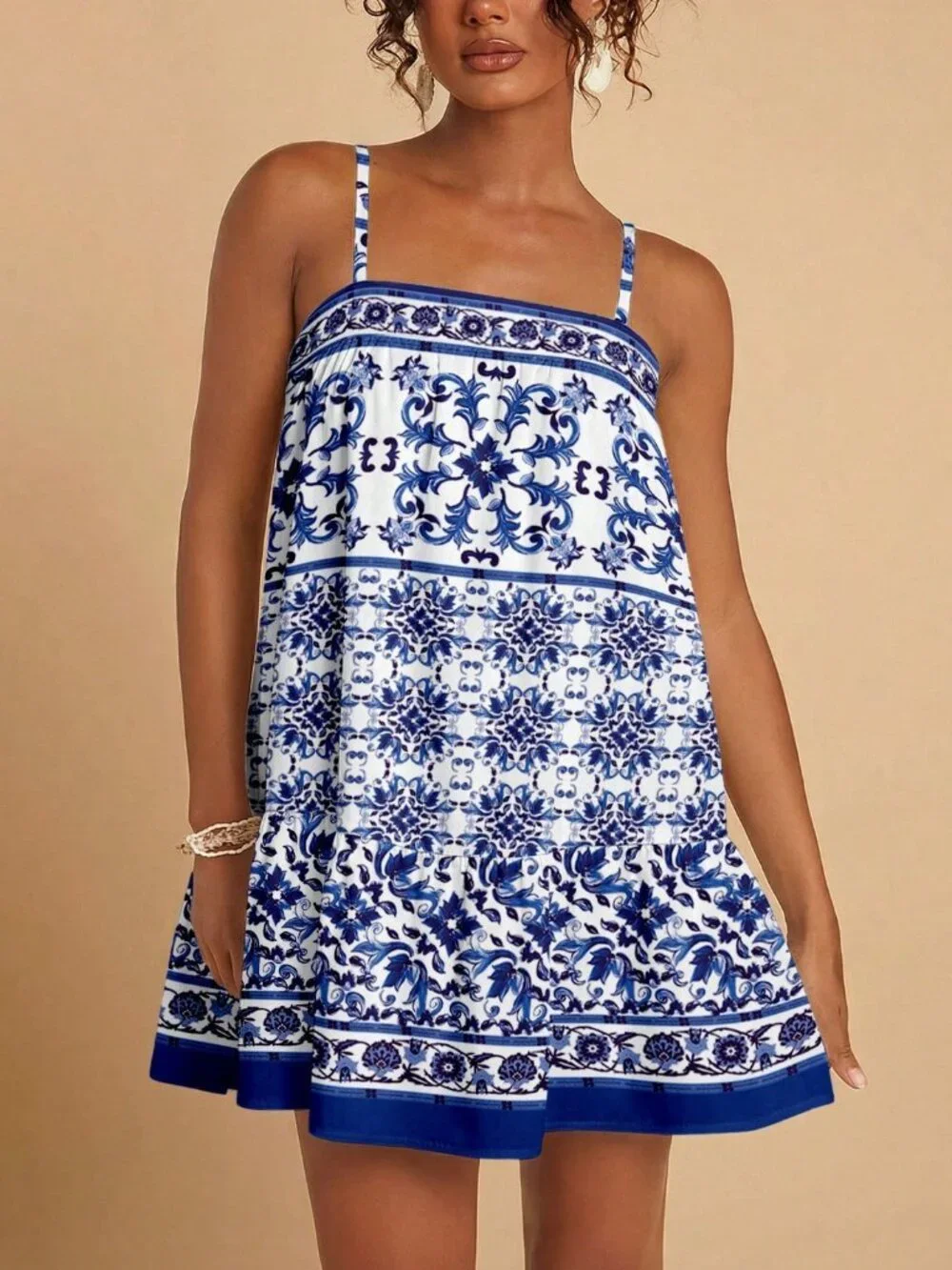White Boho Women's Mediterranean Geometric Floral Spaghetti Strap Short Dress - Picture 8 of 8